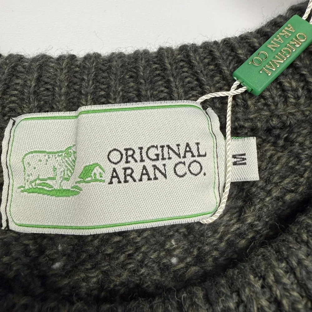 Original Aran Co Sweater Mens Medium Green Merino Wool Aran Cable Knit Crewneck